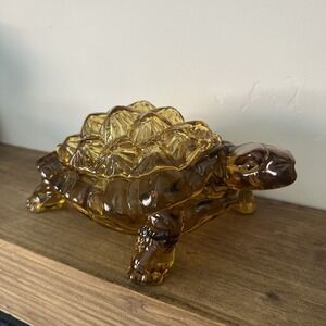 Vtg LG Wright Amber Glass Knobby Back Turtle Trinket MCM 10" Candy Dish‎ Large